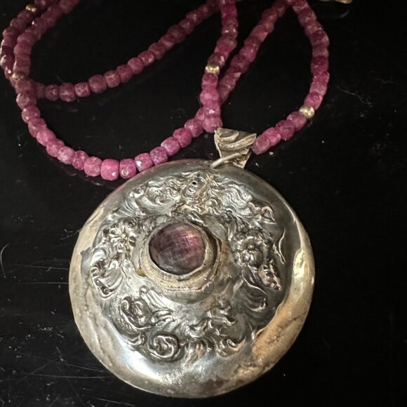 Art Noueau Sterling Silver 925 Amethyst Genuine RubyNecklace Pendant Antique